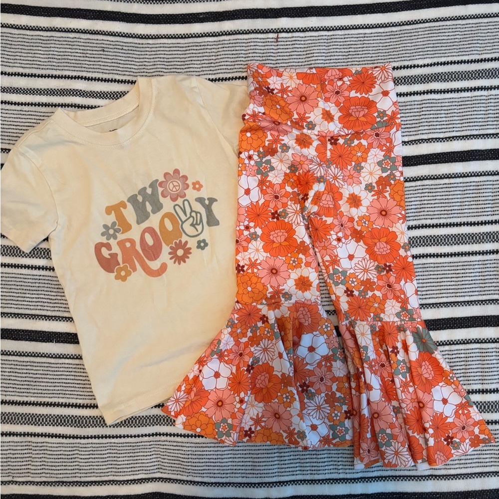 Custom ‘Two Groovy’ Beige and Orange Floral Kids Set